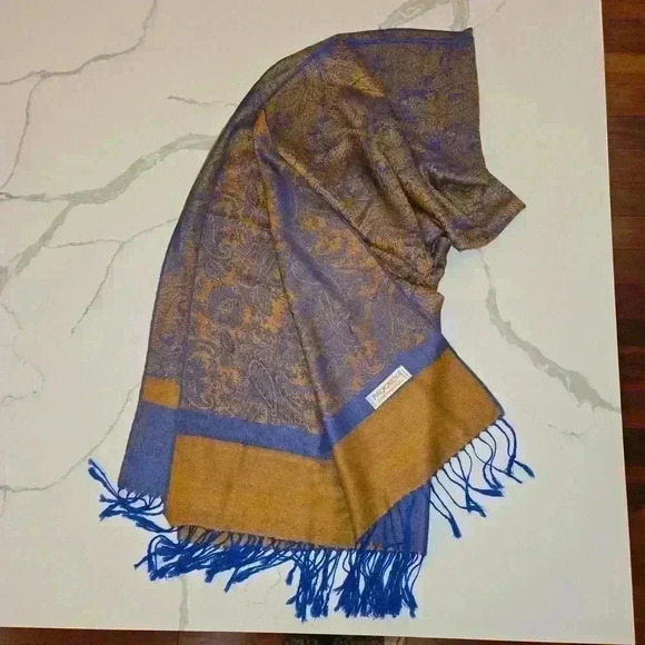 Pashmina Paisley Jaquard Scarf Pashmina Silk Blue Gold Tan - Picture 1 of 3
